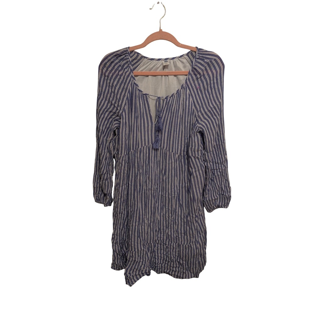 Old Navy Blue White Striped Boho Peasant Flowy Dress Tassel Tie Medium